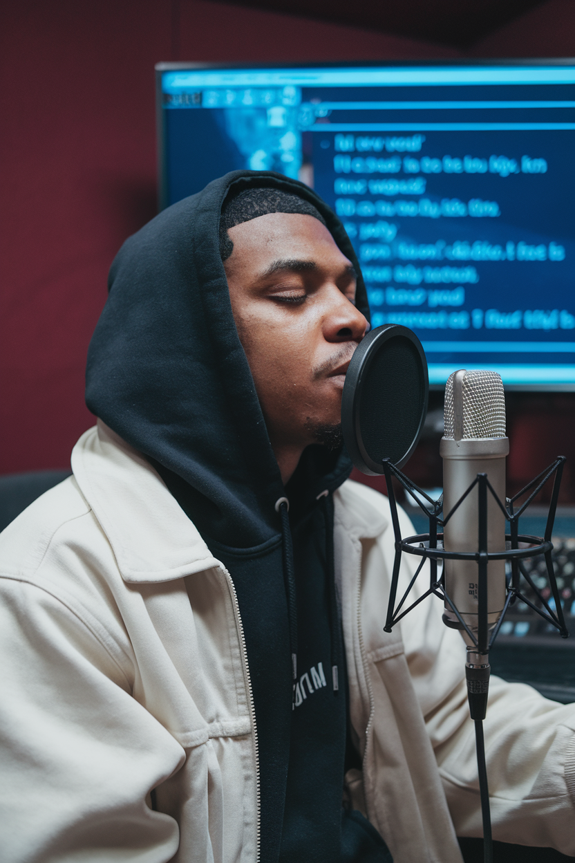 Cantante in studio di registrazione con microfono